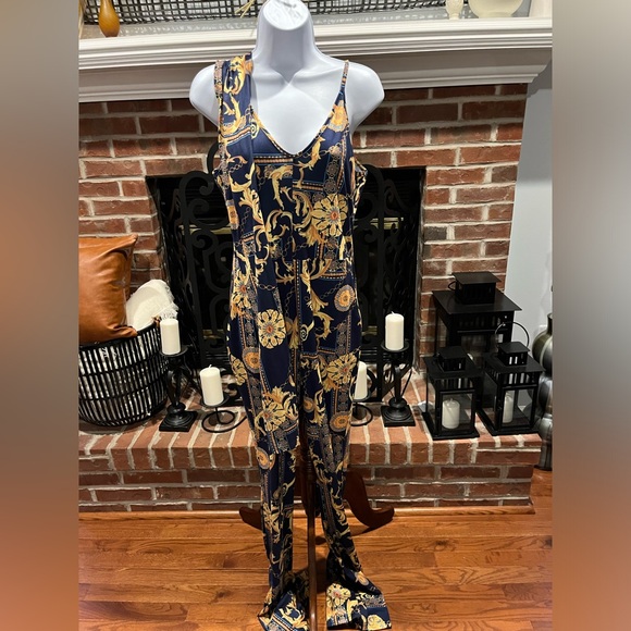 🔥Unbranded Versace Inspired Jumpsuit with Flare Legs. Pullon Blue&Gold Size:XL - Picture 2 of 13
